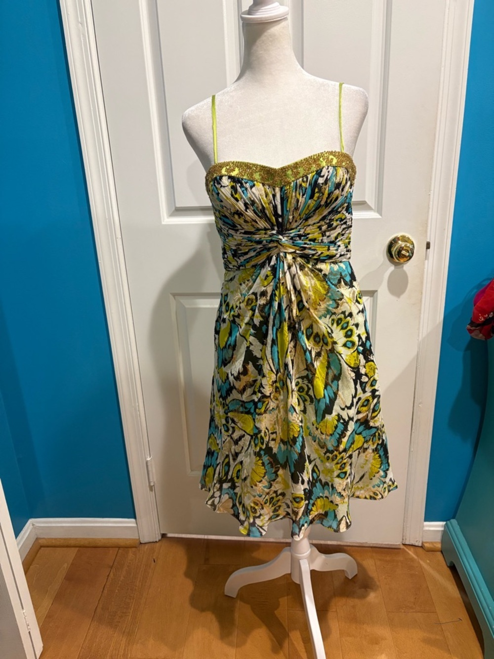 Aidan Mattox mini silk blend beaded gold thread dress butterfly fairy core sz 6